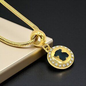 🆕️18K Gold Plated Snake Chain Necklace with Black Bear Charm & Rhinestones 🐻💎